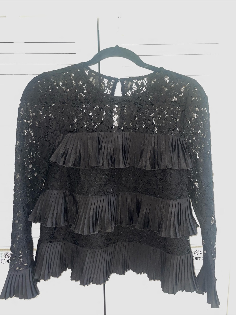 J. Crew Black Lace Ruffle Pleated Long-Sleeve Top